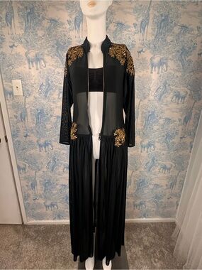 Vintage Black Mesh Zip-Front Maxi duster with Gold Appliqué
